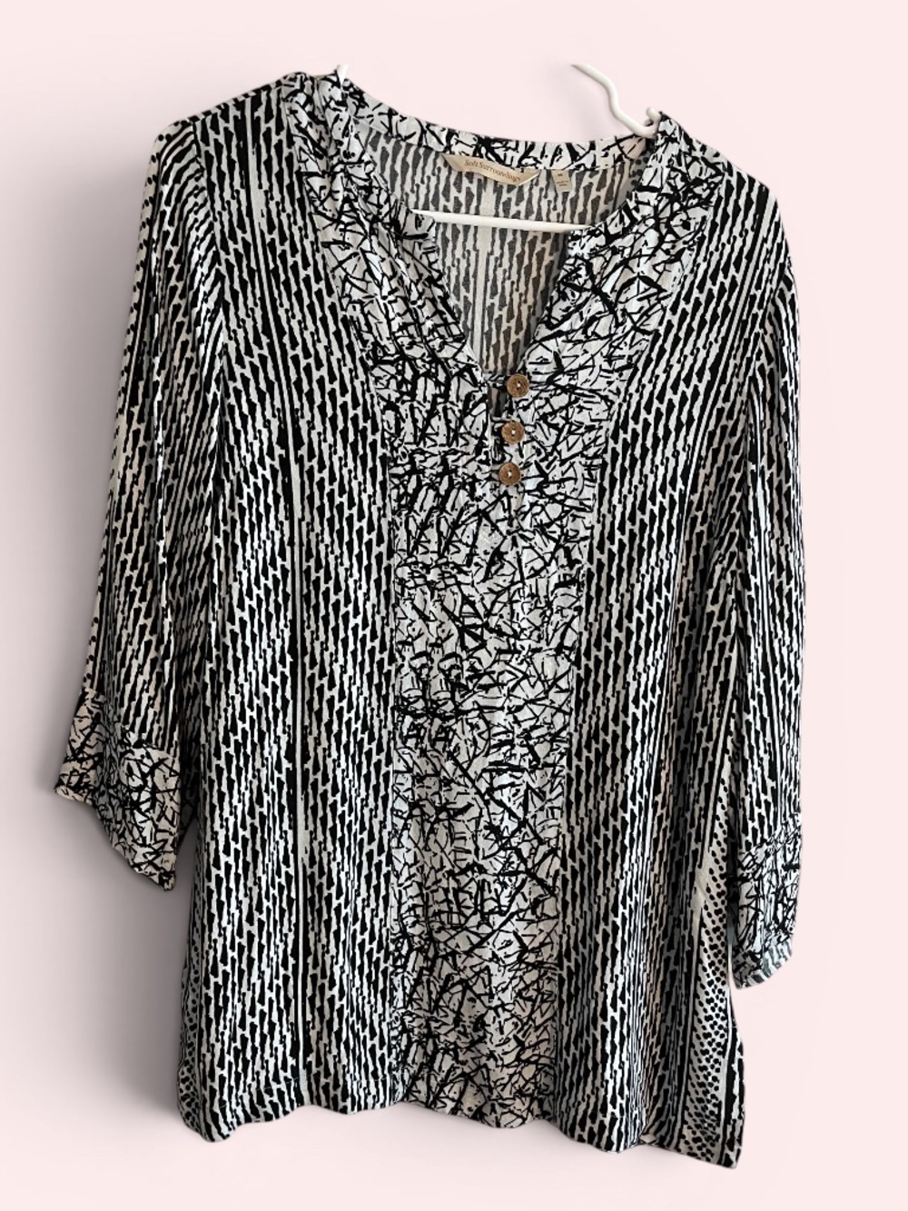 Soft Surroundings Ravello Black White Abstract Print Long-Line Blouse Sz Medium